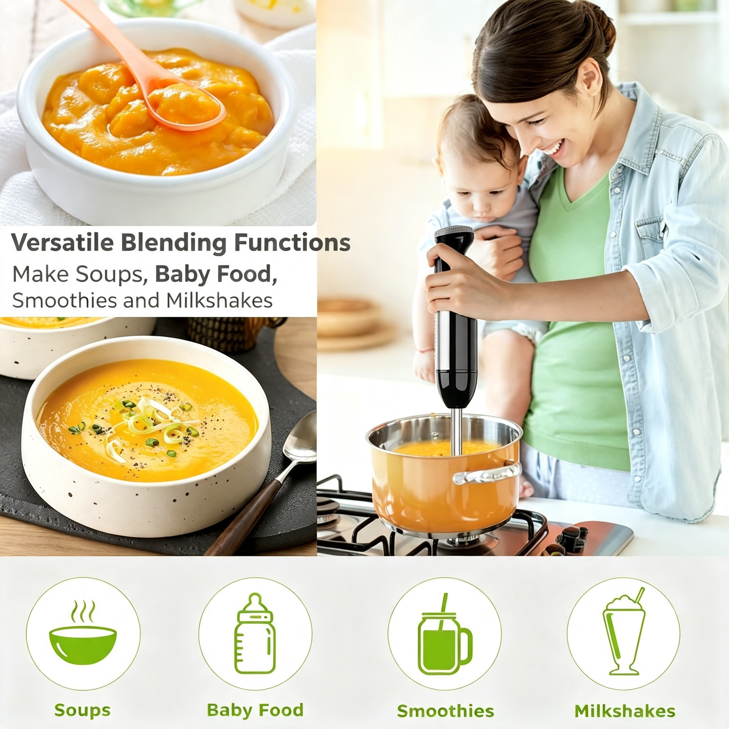 4 in 1 Immersion Hand Blender 500W Multi‑Function Stick Blender for Kitchen Cooking Baking Baby Food