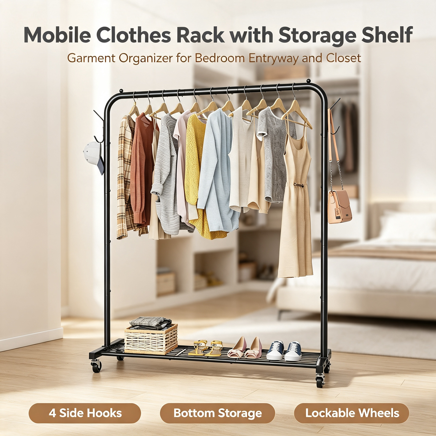 Metal Garment Rack With Wheels Bottom Storage Shelf Side Hooks For Bedroom Clothing Organizer