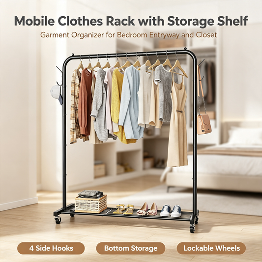 Metal Garment Rack With Wheels Bottom Storage Shelf Side Hooks For Bedroom Clothing Organizer