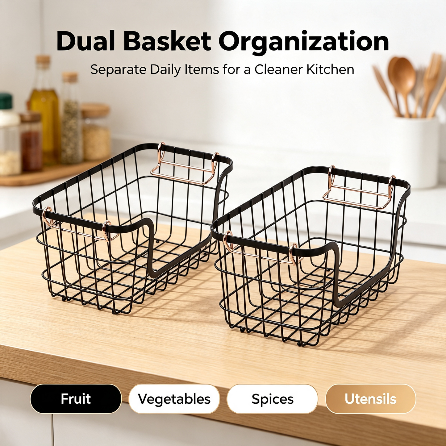 Stackable Wire Storage Baskets with Copper Handles, Metal Organizer Bins for Kitchen Pantry Countertop, 2‑Pack