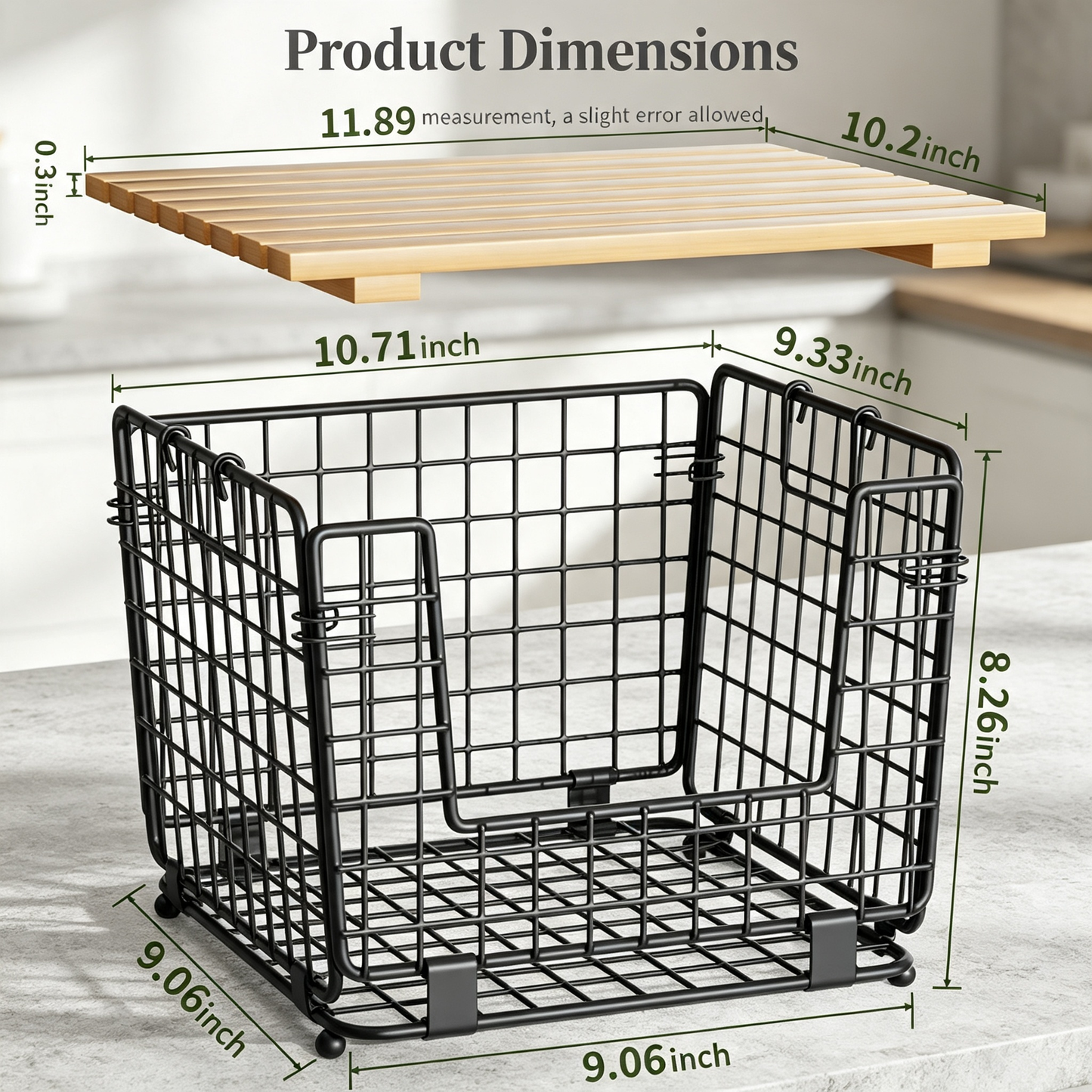 Stackable Metal Wire Storage Basket with Wooden Lid for Kitchen Pantry Fruit Vegetable Organization