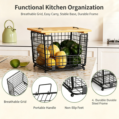 Stackable Metal Wire Storage Basket with Wooden Lid for Kitchen Pantry Fruit Vegetable Organization