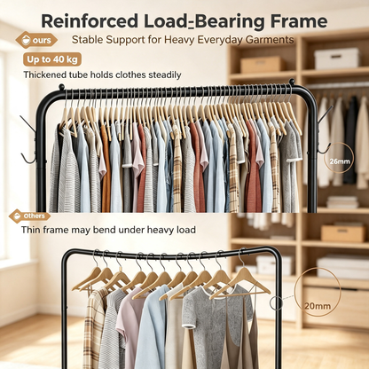 Metal Garment Rack With Wheels Bottom Storage Shelf Side Hooks For Bedroom Clothing Organizer
