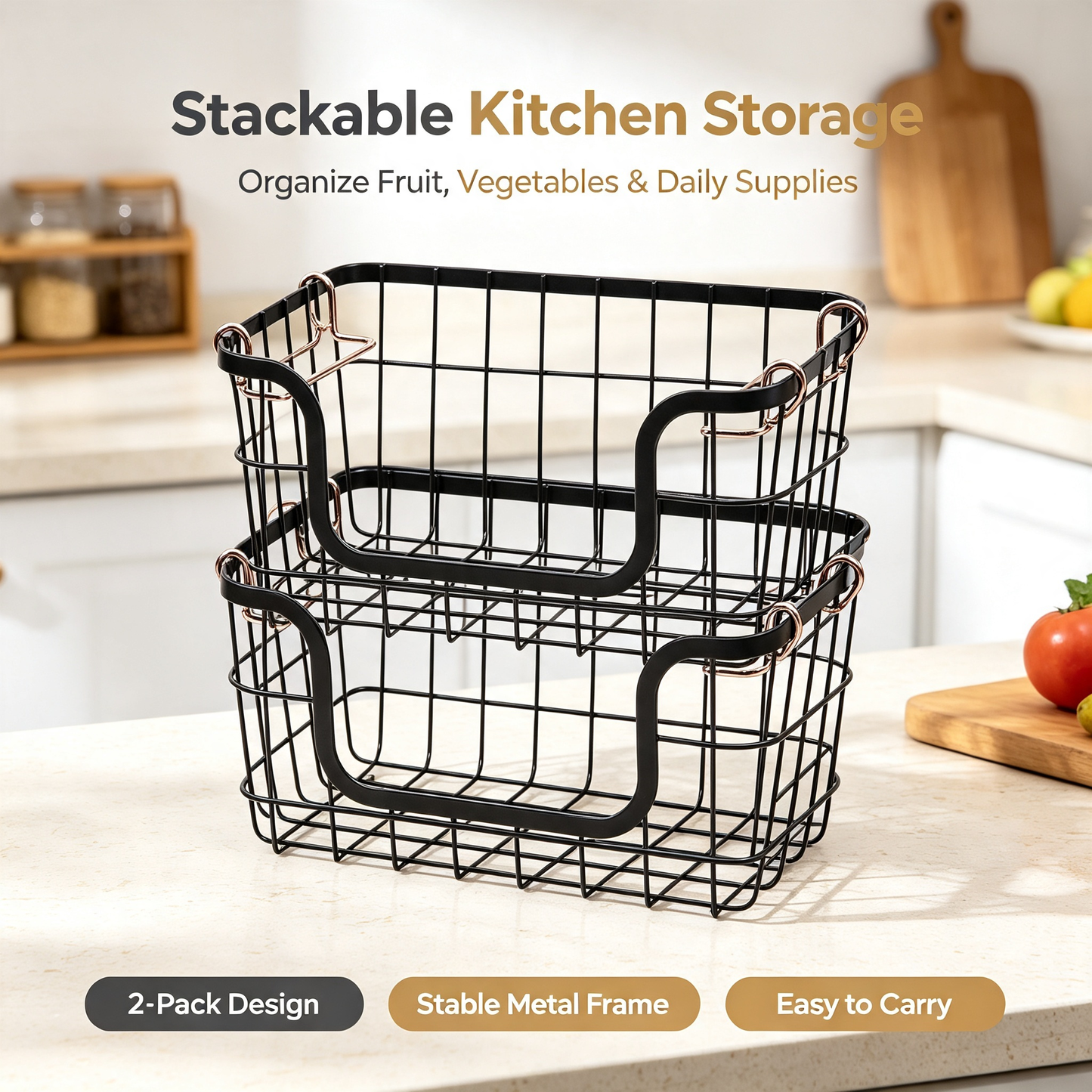 Stackable Wire Storage Baskets with Copper Handles, Metal Organizer Bins for Kitchen Pantry Countertop, 2‑Pack