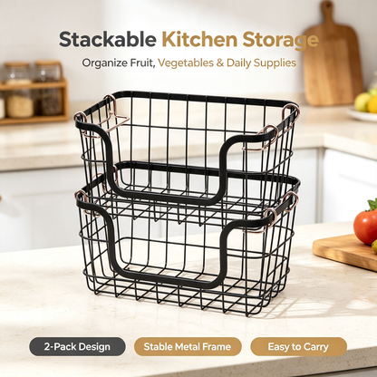 Stackable Wire Storage Baskets with Copper Handles, Metal Organizer Bins for Kitchen Pantry Countertop, 2‑Pack