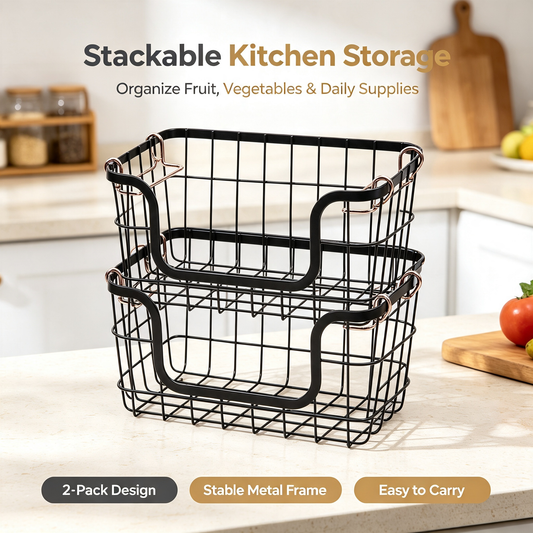 Stackable Wire Storage Baskets with Copper Handles, Metal Organizer Bins for Kitchen Pantry Countertop, 2‑Pack