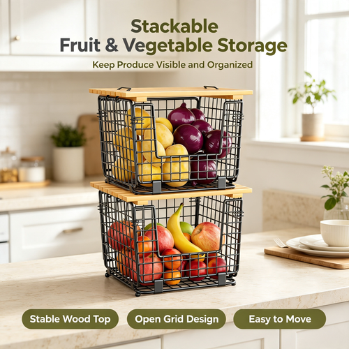 Stackable Metal Wire Storage Basket with Wooden Lid for Kitchen Pantry Fruit Vegetable Organization