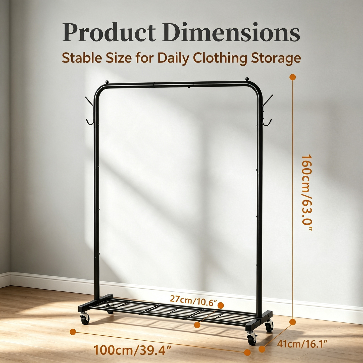 Metal Garment Rack With Wheels Bottom Storage Shelf Side Hooks For Bedroom Clothing Organizer