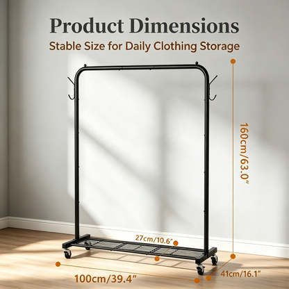 Metal Garment Rack With Wheels Bottom Storage Shelf Side Hooks For Bedroom Clothing Organizer