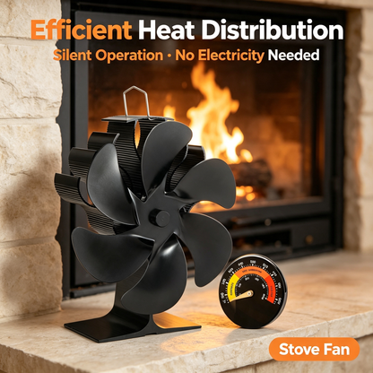 Heat Powered Stove Fan with Stove Thermometer, 6‑Blade Wood Burning Stove Fan for Fireplace, Non‑Electric Thermal Fan for Wood / Log Burner
