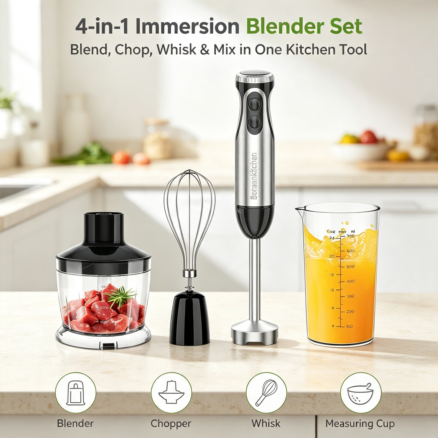 4 in 1 Immersion Hand Blender 500W Multi‑Function Stick Blender for Kitchen Cooking Baking Baby Food
