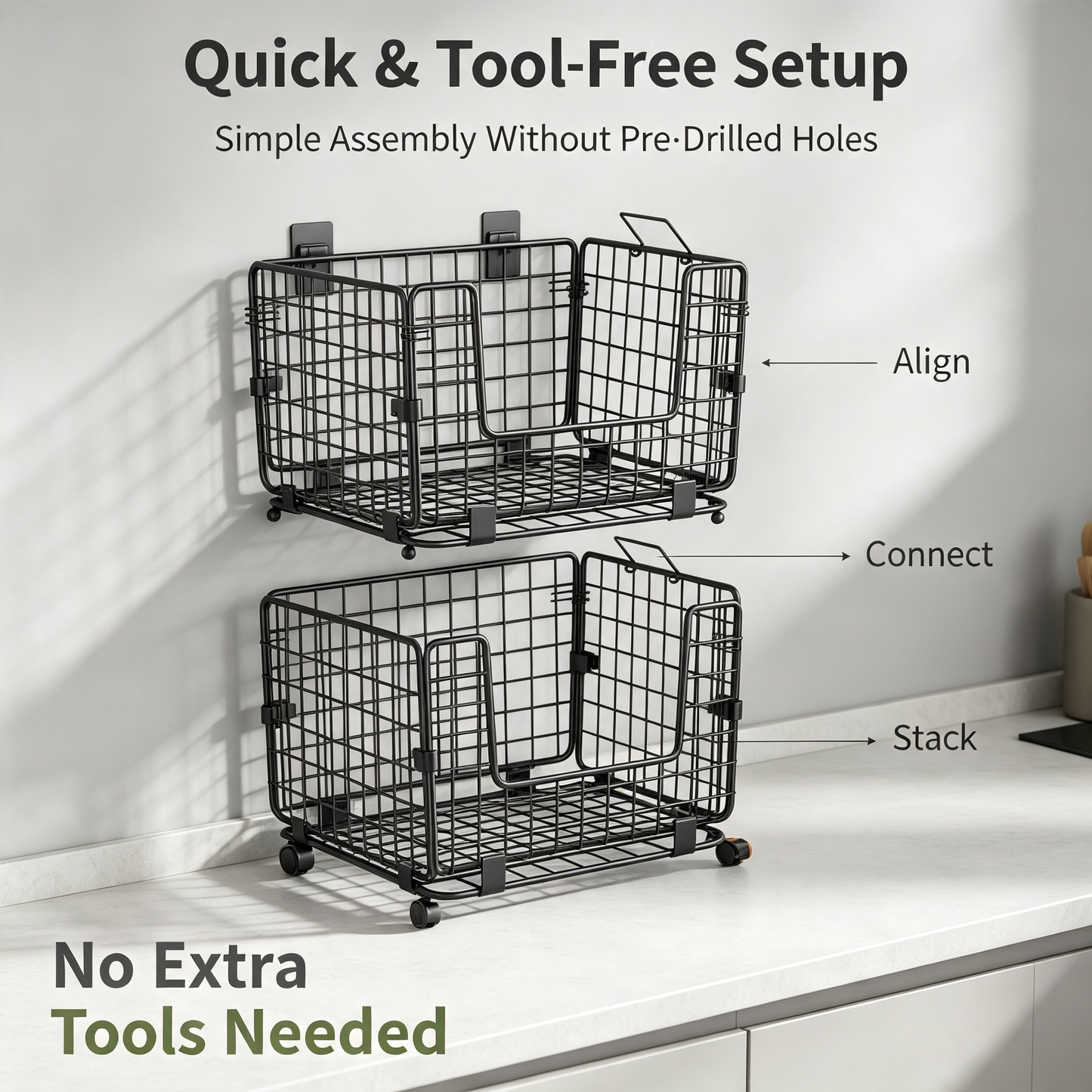Stackable Metal Wire Storage Basket with Wooden Lid for Kitchen Pantry Fruit Vegetable Organization