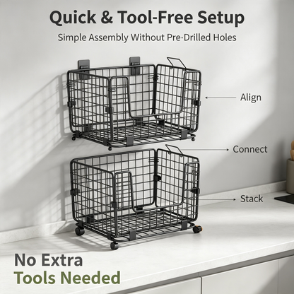 Stackable Metal Wire Storage Basket with Wooden Lid for Kitchen Pantry Fruit Vegetable Organization