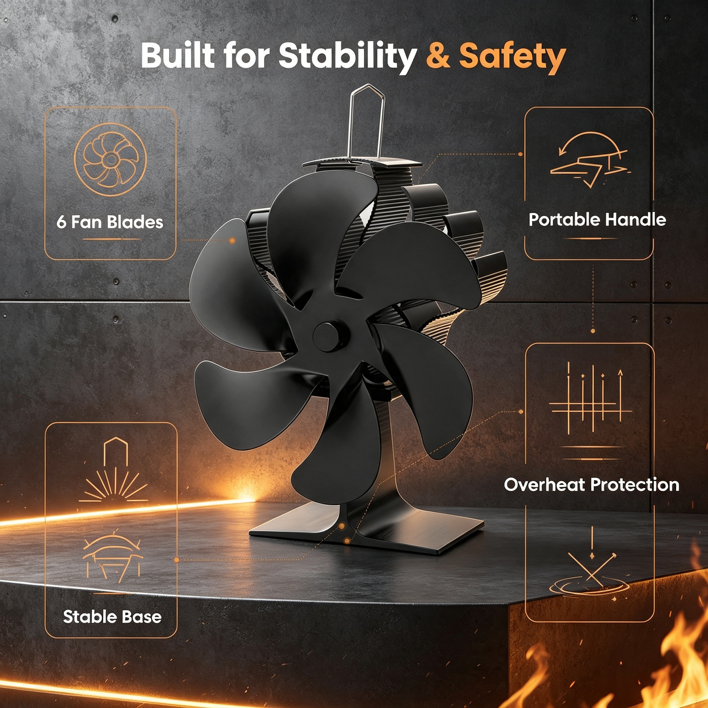 Heat Powered Stove Fan with Stove Thermometer, 6‑Blade Wood Burning Stove Fan for Fireplace, Non‑Electric Thermal Fan for Wood / Log Burner