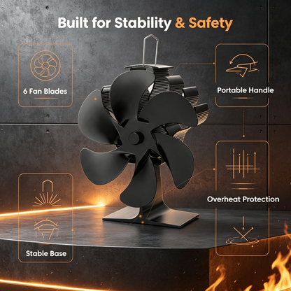 Heat Powered Stove Fan with Stove Thermometer, 6‑Blade Wood Burning Stove Fan for Fireplace, Non‑Electric Thermal Fan for Wood / Log Burner