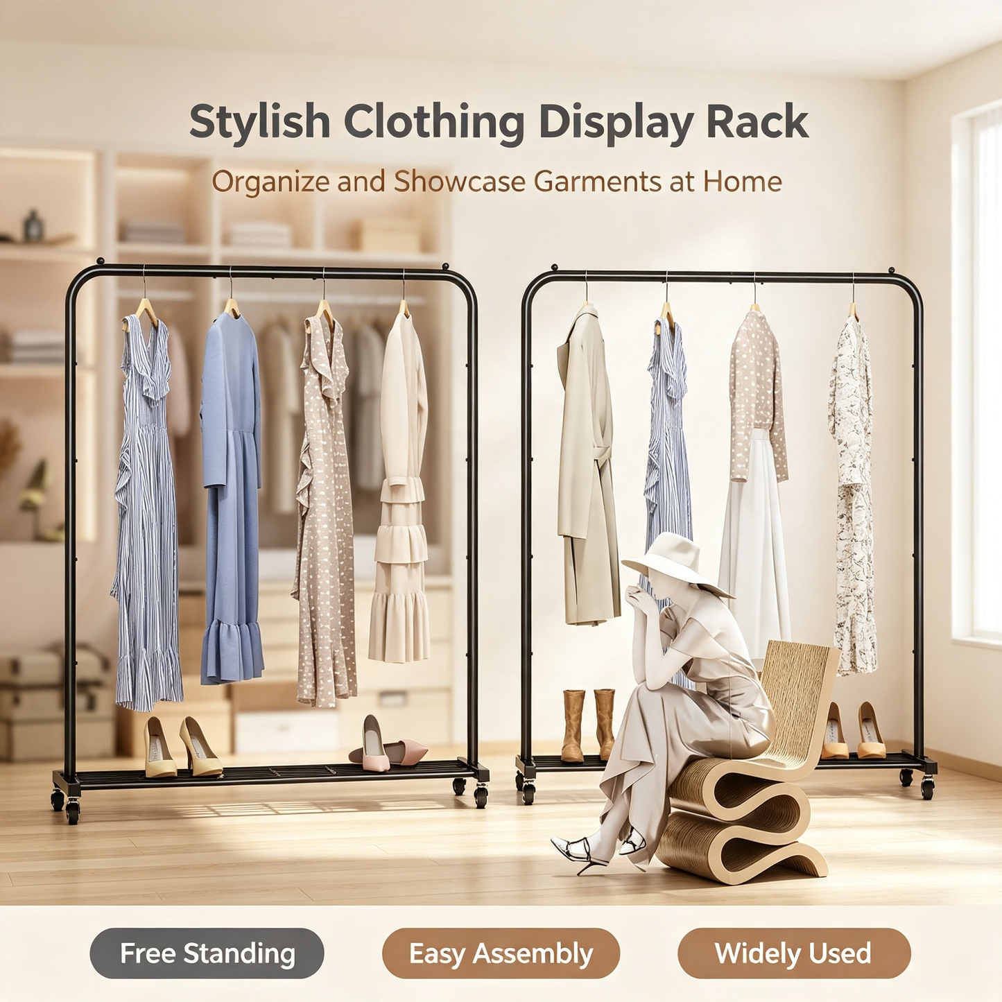 Metal Garment Rack With Wheels Bottom Storage Shelf Side Hooks For Bedroom Clothing Organizer