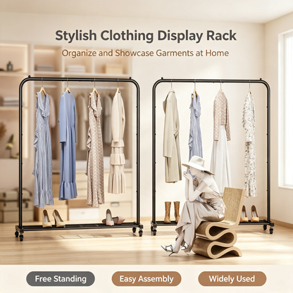 Metal Garment Rack With Wheels Bottom Storage Shelf Side Hooks For Bedroom Clothing Organizer