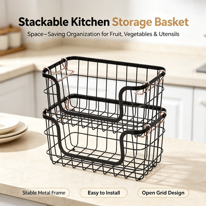 Stackable Wire Storage Baskets with Copper Handles, Metal Organizer Bins for Kitchen Pantry Countertop, 2‑Pack