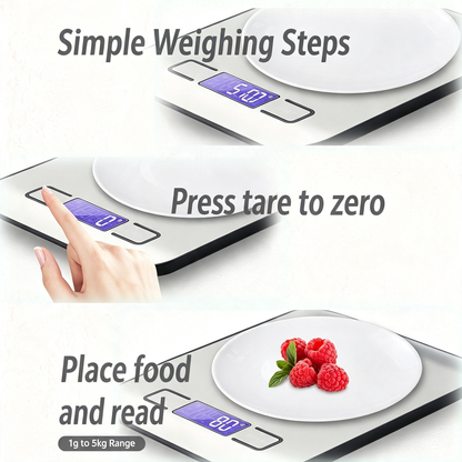 Digital Kitchen Food Scale Stainless Steel Surface 5kg Capacity for Cooking Baking Meal Prep