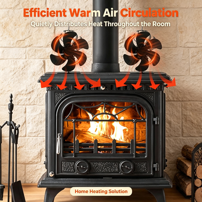 Heat Powered Stove Fan with Stove Thermometer, 6‑Blade Wood Burning Stove Fan for Fireplace, Non‑Electric Thermal Fan for Wood / Log Burner