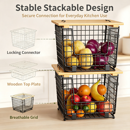 Stackable Metal Wire Storage Basket with Wooden Lid for Kitchen Pantry Fruit Vegetable Organization