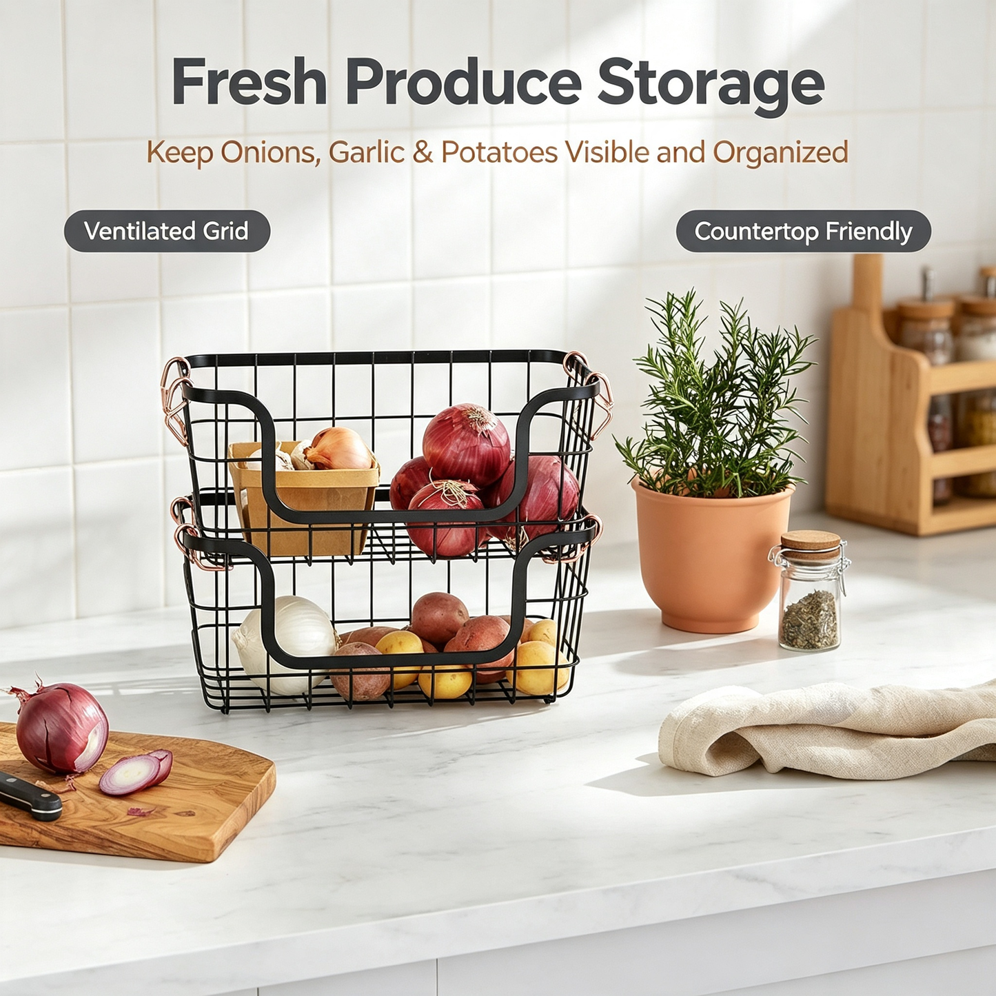 Stackable Wire Storage Baskets with Copper Handles, Metal Organizer Bins for Kitchen Pantry Countertop, 2‑Pack