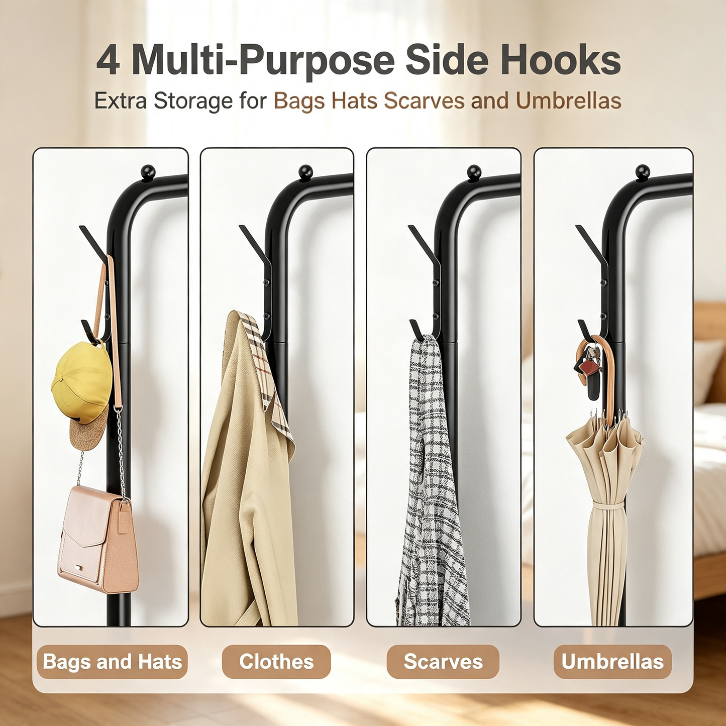 Metal Garment Rack With Wheels Bottom Storage Shelf Side Hooks For Bedroom Clothing Organizer